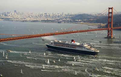 The Queen Mary 2 sailing under Golden Gate Bridge on its Only Scheduled Trip to the West Coast for 2007  