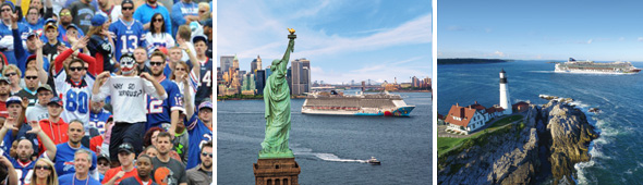 Banner including bills fans, the statue of liberty and cruise ship passing it and New England lighthouse and cruise ship in the distance