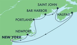 Cruise Itinerary Map for New England/Canada Cruise. New York to Newport, Portland, Bar Harbor, St Johns, Halifax and back to New York